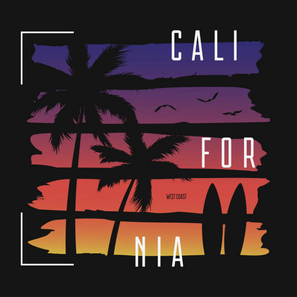 california t-shirt typografie mit farbverlauf pinsel und palmen silhouetten. - paradise california stock-grafiken, -clipart, -cartoons und -symbole