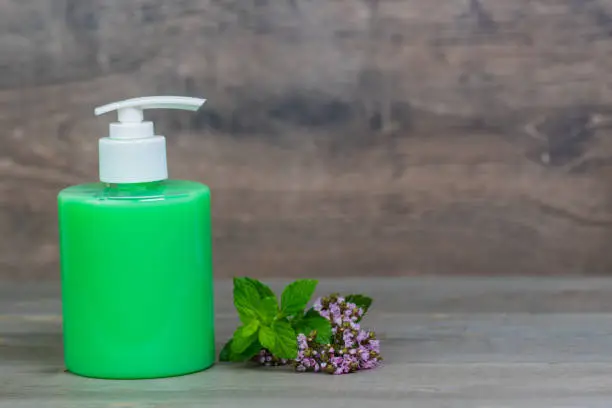 green organic liquid soap in plastic dispenser with fresh mint and oregano