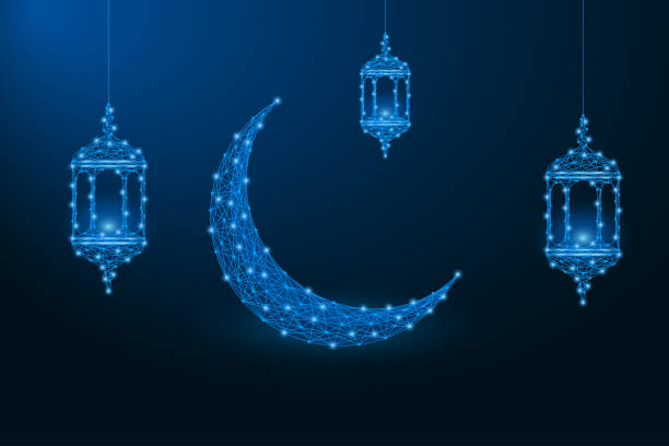 포인트와 선, 다각형 와이어프레임 메쉬로 만든 라마단 카림 일러스트레이션. - islam mosque moon crescent stock illustrations