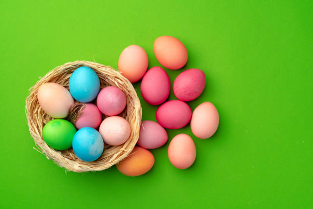 istock Easter eggs in a nest on green background 1298317304