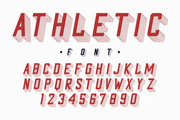 Vector illustration of Athletic font, varsity and college alphabet. Original letters and numbers for sportswear