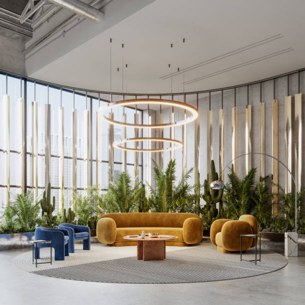 Creative office foyer in 3D Creative office lobby in 3D. Computer-generated image of enviorment friendly office foyer. modern outdoor hanging lights stock pictures, royalty-free photos & images