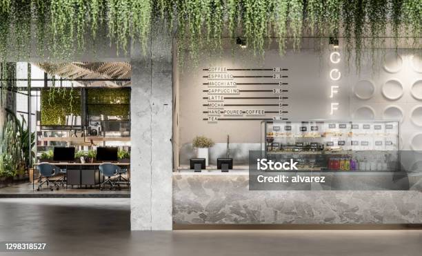 3d Image Of A Cafeteria In Large Office Stock Photo - Download Image Now - Cafe, Coffee Shop, Office