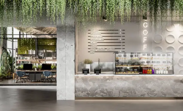 Digitally generated image of a cafeteria in large office. Pastries and baked good in a display case in a cafe shop of office.