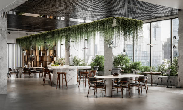 moderne büro-cafeteria mit pflanzen in 3d - überhängend stock-fotos und bilder