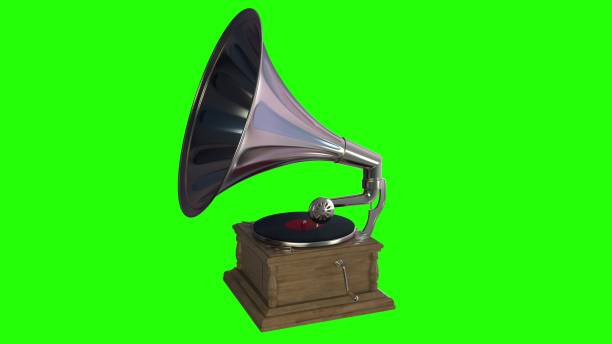 Vintage gramophone. Gramophone plays a vinyl record on green screen background.