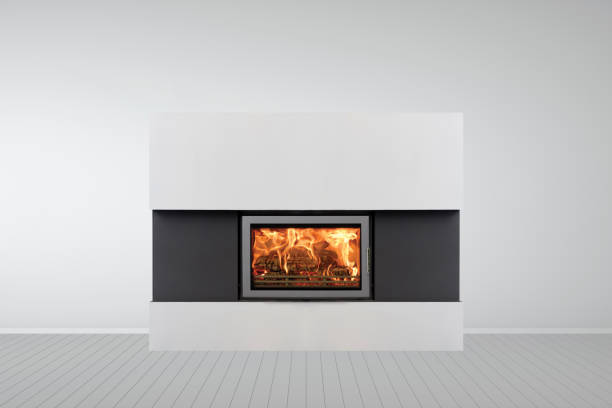 istock Interior of empty classic white room with modern fireplace 1298318887