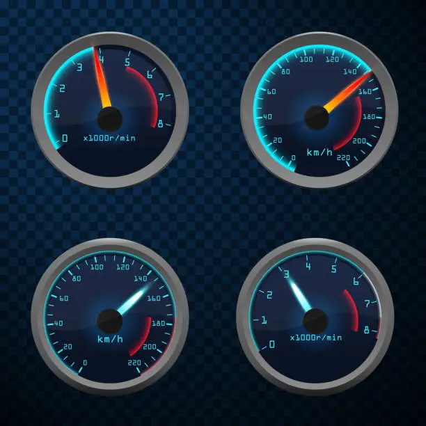 Vector illustration of Speedometer interface icons. Car speedometer set of dashboard speed meters.