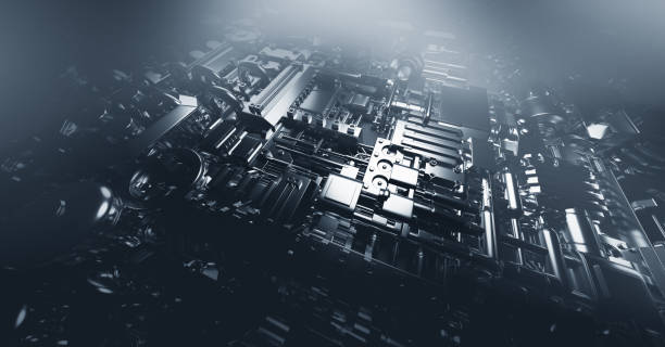 Cyberpunk or steampunk industrial background with various engine, mechanical and technical elements. 3D illustration