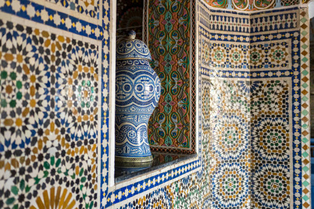 Zellij tiles alongside an ornate vase in Tangier, Morocco