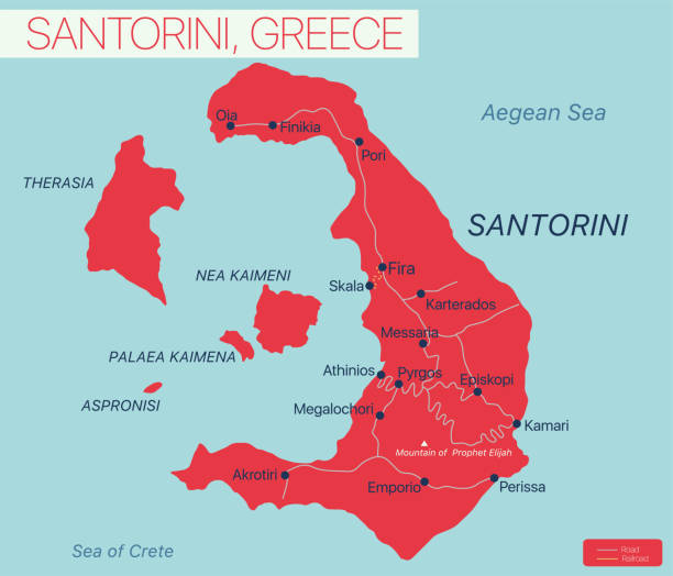 Santorini island detailed editable map Santorini island detailed editable map with regions cities and towns, roads and railways, geographic sites. Vector EPS-10 file santorini stock illustrations