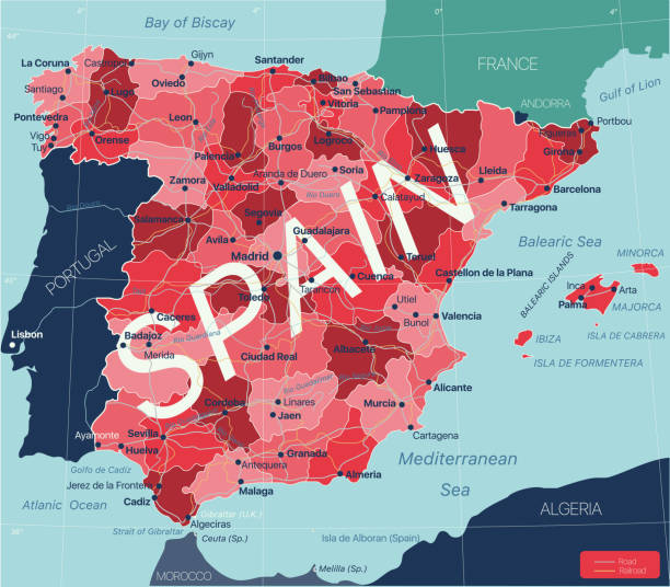 ilustraciones, imágenes clip art, dibujos animados e iconos de stock de mapa editable detallado por el país de españa - malaga seville cadiz andalusia