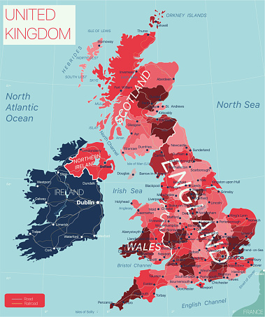 United Kingdom country detailed editable map with regions cities and towns, roads and railways, geographic sites. Vector EPS-10 file