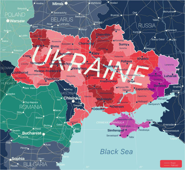 Ukraine detailed editable map Ukraine detailed editable map with regions cities and towns, roads and railways. Vector EPS-10 file ukrayna stock illustrations