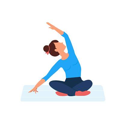 Women Yoga. Sportive young woman does yoga. Healthy lifestyle. Cartoon character demonstrating yoga poses, isolated on white background. Stay at home. Vector illustration