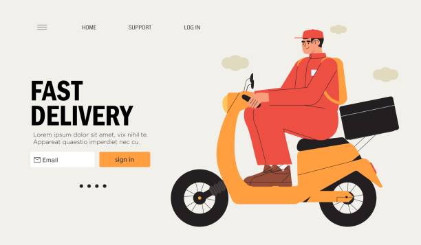 ilustrações, clipart, desenhos animados e ícones de serviço de entrega sem contato para banner web de interesses comerciais e privados, landing page. entregador de scooter com saco térmico entregando comida ou fastfood ao cliente. entrega rápida de pacotes. - supermarket fast food fast food restaurant people