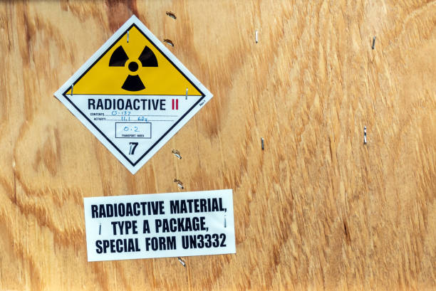 istock Radiation label beside the transport wooden box Type A package 1298327996