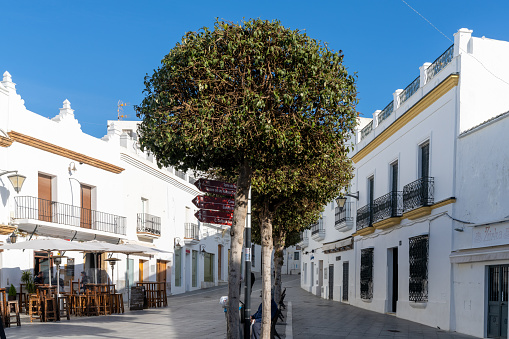 Conil de la Frontera, Spain - 17 January, 2021: the Santa Catalina Square in the historic city center of Conil de la Frontera