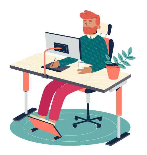 Vector illustration of Young man freelancer chair working at home. Flat design illustration. Vector