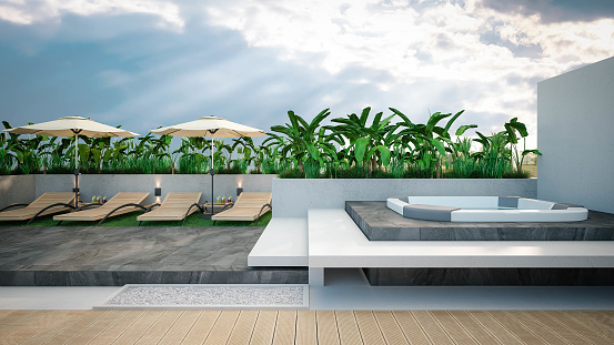 Lounge chairs on wooden floor deck at vacation home or hotel. 3d illustration of contemporary holiday villa exterior.