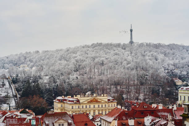 Winter panorama of Prague with Petrin Tower