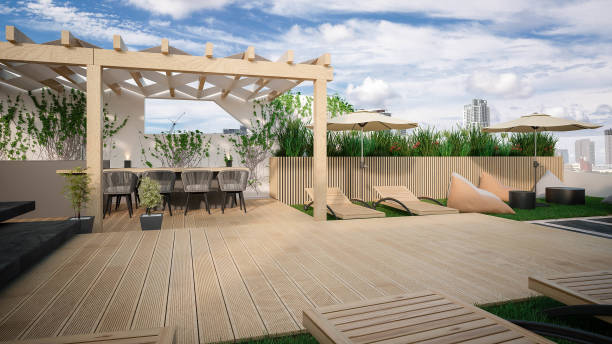 Computer generated image of rooftop terrace. Architectural Visualization. 3D rendering. Interior Design Computer generated image of rooftop terrace. Architectural Visualization. 3D rendering. Interior Design rooftop deck stock pictures, royalty-free photos & images