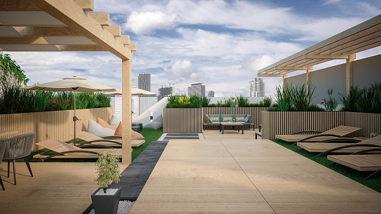 Computer generated image of rooftop terrace. Architectural Visualization. 3D rendering. Interior Design