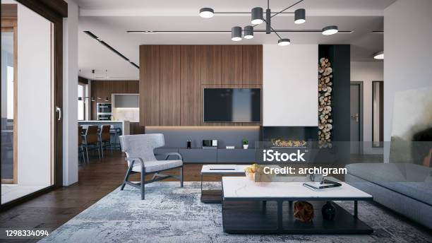 Interior Design Architecture Computer Generated Image Of Living Room Architectural Visualization 3d Rendering Stock Photo - Download Image Now
