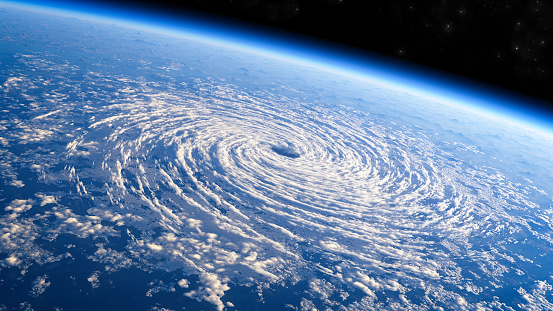 Vista satelital del ojo de la tormenta, tormenta tropical. Formación de huracanes. Presión atmosférica. Tierra, globo photo