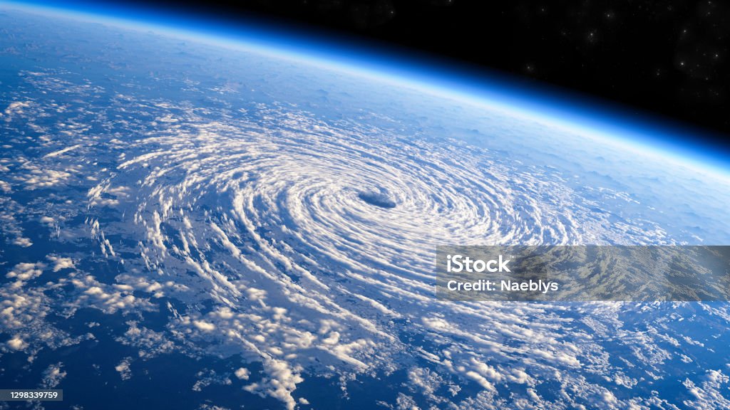 Satellite view of the eye of the storm, tropical storm. Formation of hurricanes. Atmospheric pressure. Earth, globe Satellite view of the eye of the storm, tropical storm. Formation of hurricanes. Atmospheric pressure. Meteorology. Climate change and global warming. Destructive air vortex. Entirely 3d generated. Typhoon Hurricane - Storm Stock Photo