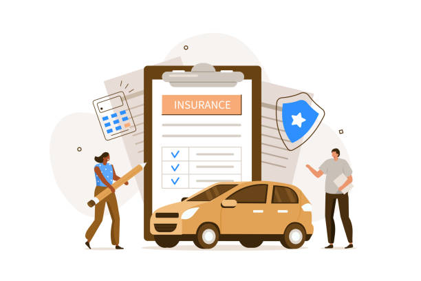 car insurance People Character  Signing Auto Insurance Policy Form. Insurance Agent or Salesman providing Security Document. Auto Care and Protection Concept. Flat Cartoon Illustration. car insurance stock illustrations