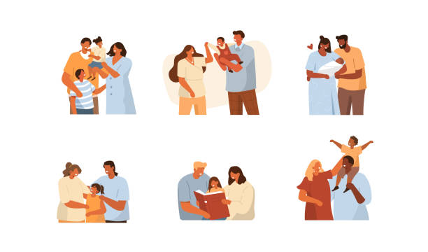 ilustraciones, imágenes clip art, dibujos animados e iconos de stock de familias - abrazo familia