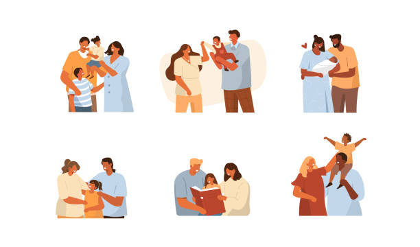 families Multicultural Families Spending Time Together. Mother, Father and  Kids Hugging and Smiling to Each Other. Happy Parents having Fun with their Daughters and Sons. Flat Cartoon Vector Illustration. son stock illustrations