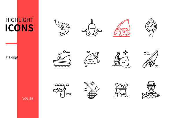 Fishing concept - line design style icons set Fishing concept - line design style icons set on white background. Hobby and leisure, occupation theme. Catch, float, spinning rod, spring balance, boat, lure, fisherman, hook, net, haul, fisher fishing stock illustrations