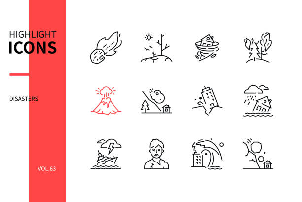 katastrofy - nowoczesny zestaw ikon stylu projektowania linii - weather climate cyclone icon set stock illustrations