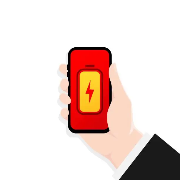 Vector illustration of Hand holding smartphone with battery charge screen. Battery charge icon. Charger illustration. Smartphone on charging. Flat power charge.