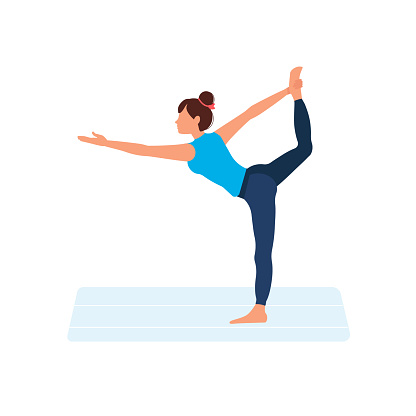 Yoga at home. Woman does yoga standing on one leg. Healthy way of life. Cartoon character demonstrating yoga poses, isolated on a white background. Color vector illustration