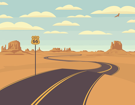 Vector illustration of a highway in the desert and mountains. Summer landscape with empty road. Historic US Route 66, roadway with a pointer, the horizon with a sandy wasteland. Nature background