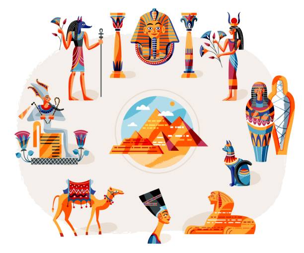 illustrazioni stock, clip art, cartoni animati e icone di tendenza di set di storia dell'arte dell'antico egitto. simboli egiziani, dei, illustrazione vettoriale del paesaggio. faraone, statua di nefertiti, anubi, sphynx, piramidi nel deserto, mummia. elementi mitologici - mythical pharaoh