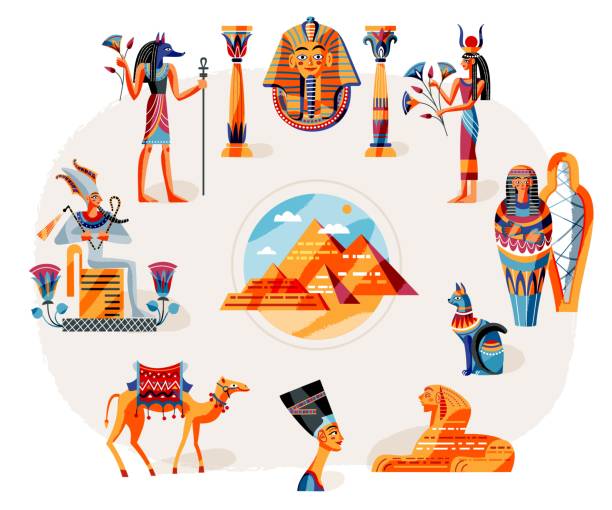 starożytny egipt historia sztuki zestaw. egipskie symbole, bogowie, ilustracja wektorowa krajobrazu. faraon, posąg nefertiti, anubis, sphynx, piramidy na pustyni, mumia. elementy mitologii - mythical pharaoh stock illustrations