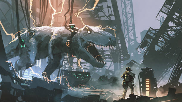 a hunter looked at the captured T-rex in abandoned lab, digital art style, illustration painting