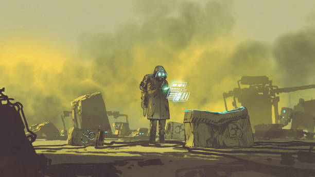 The daily routine of the gas mask man man in chemical protective suit uses a hi-tech device to check the area, digital art style, illustration painting dystopia concept stock illustrations