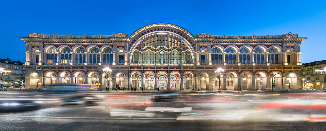 Evening view of the Turin Porta Nuova railway station, renovated in 2020.