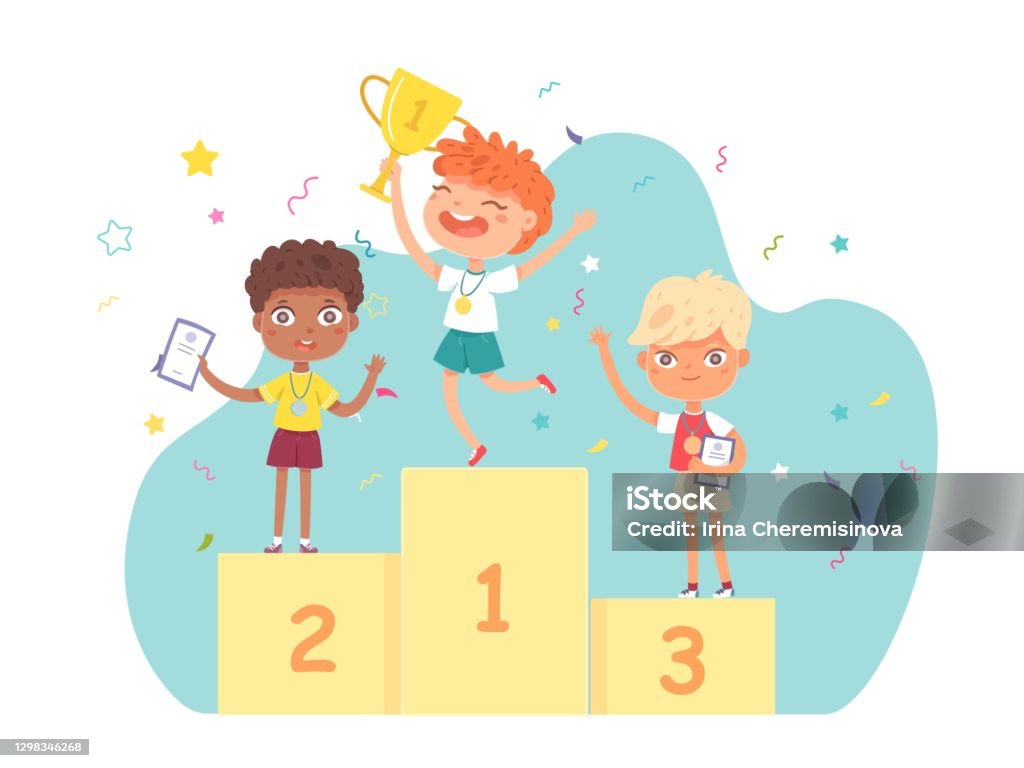 Kinder Auf Dem Podium Nach Dem Wettkampf Glückliche Jungs Mit Diplomen ...