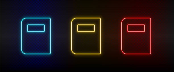 ilustrações, clipart, desenhos animados e ícones de ícones de neon, livro. conjunto de ícone vetor de neon vermelho, azul e amarelo - silhouette interface icons wheelchair icon set