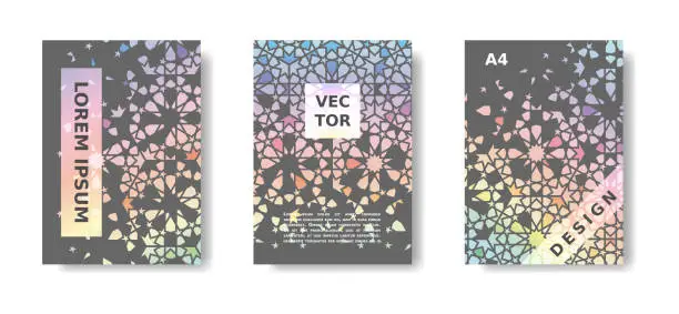 Vector illustration of Disintegration geometric poster set. Rainbow holographic cover design with arabic mosaic. Vector A4 catalog,magazine, cover futuristic set