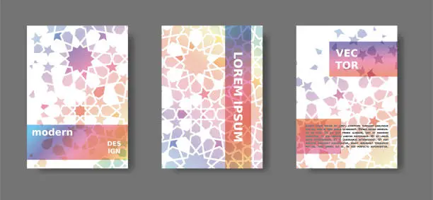 Vector illustration of Rainbow cover design with arabic mosaic.Disintegration geometric poster set. Vector A4 catalog,magazine, cover modern set