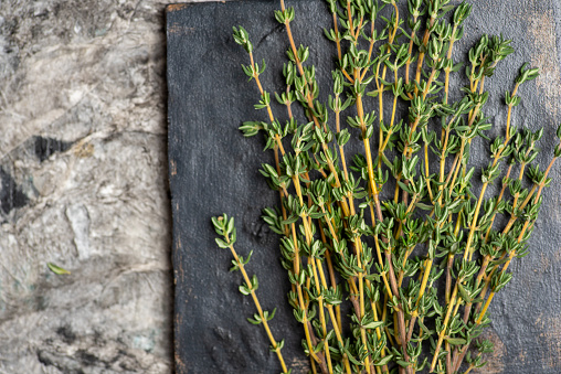 Fresh garden Thyme herb on a rustic table top view. Healthy plants and herbal medicine abstract