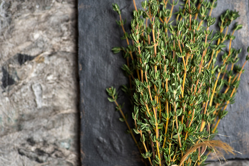 Fresh garden Thyme herb on a rustic table top view. Healthy plants and herbal medicine abstract
