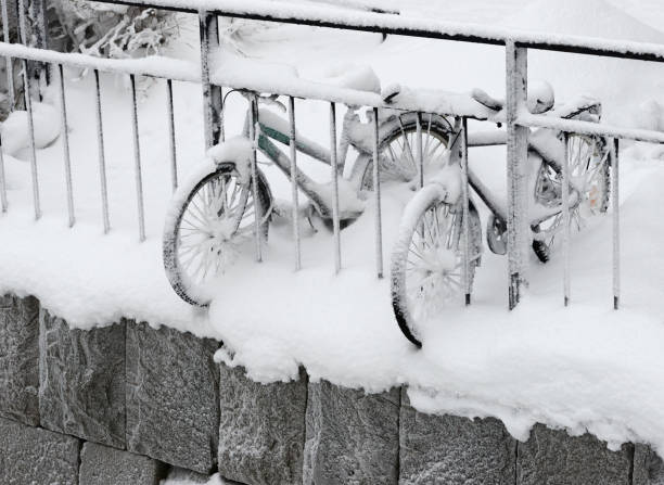 two snow covered bikes on the coast in winter